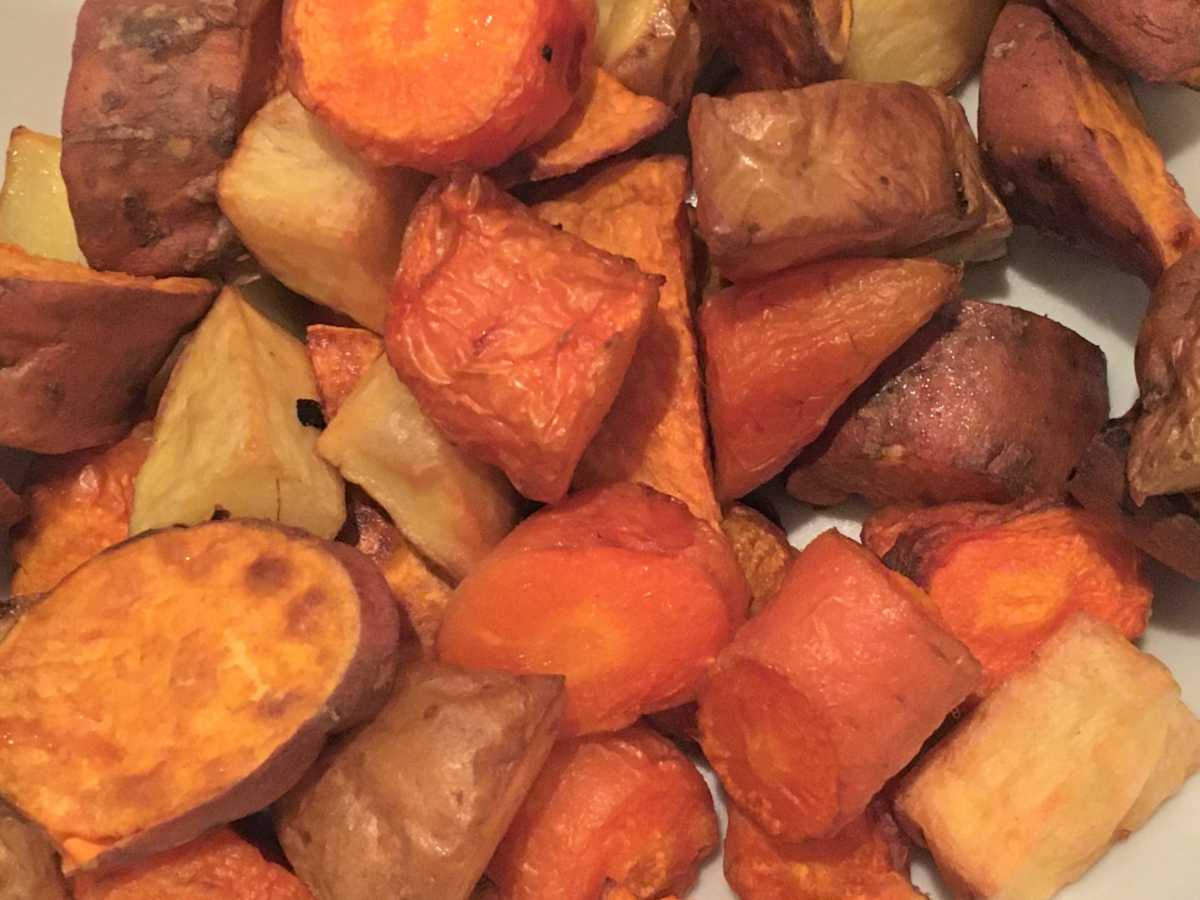 Roast sweet potato, white potato and carrot