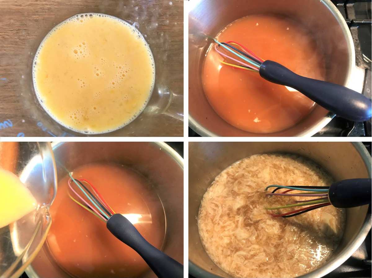 Stirring beaten egg into hot stock