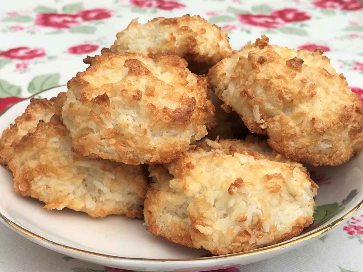Gluten free low sugar coconut macaroons on flowered cloth