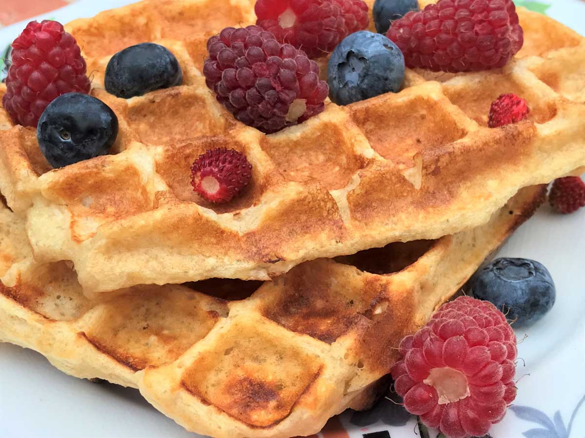 Gluten free protein waffles with raspberries and blueberries