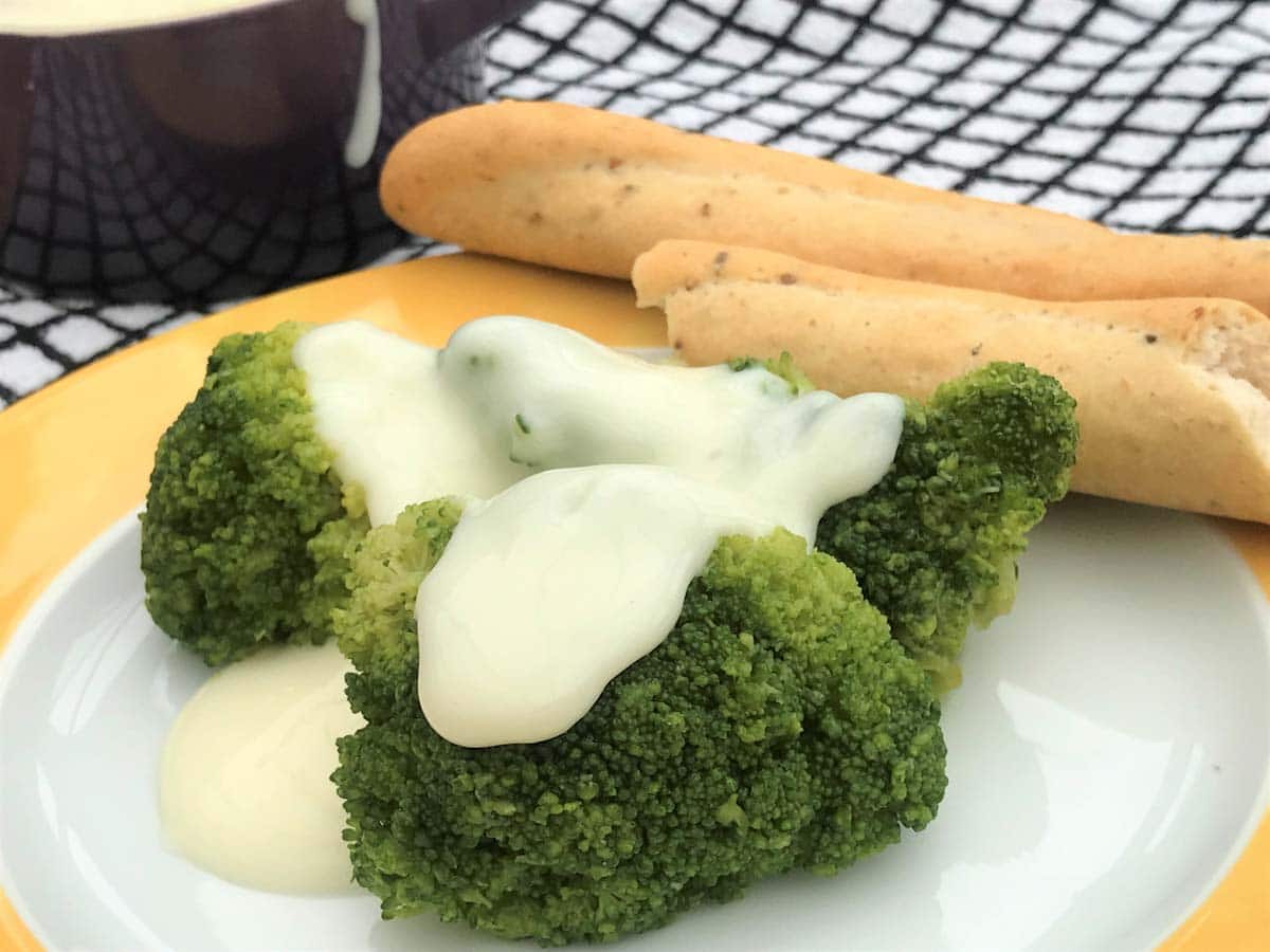 Healthy cheese sauce with broccoli and breadsticks
