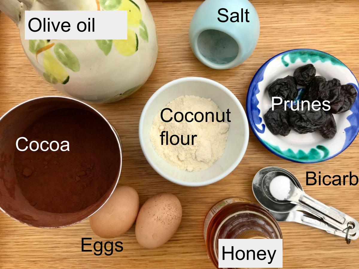 Ingredients for chocolate muffins with coconut flour