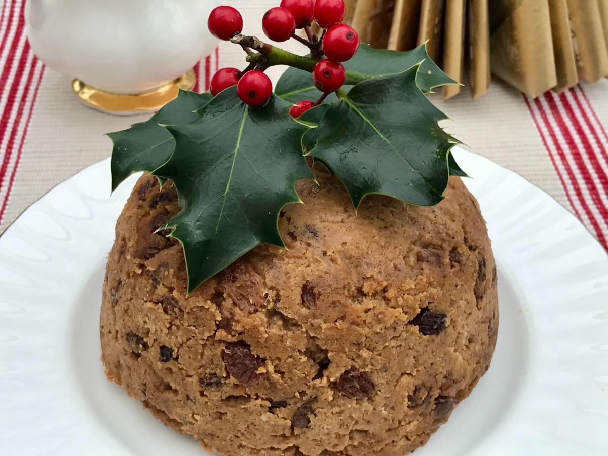 Healthy Christmas pudding with holly.