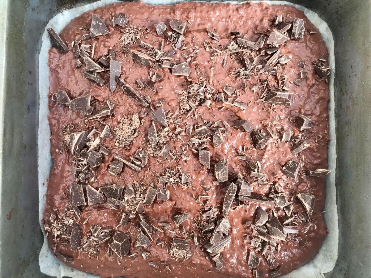 Adzuki bean brownie mix in baking tin