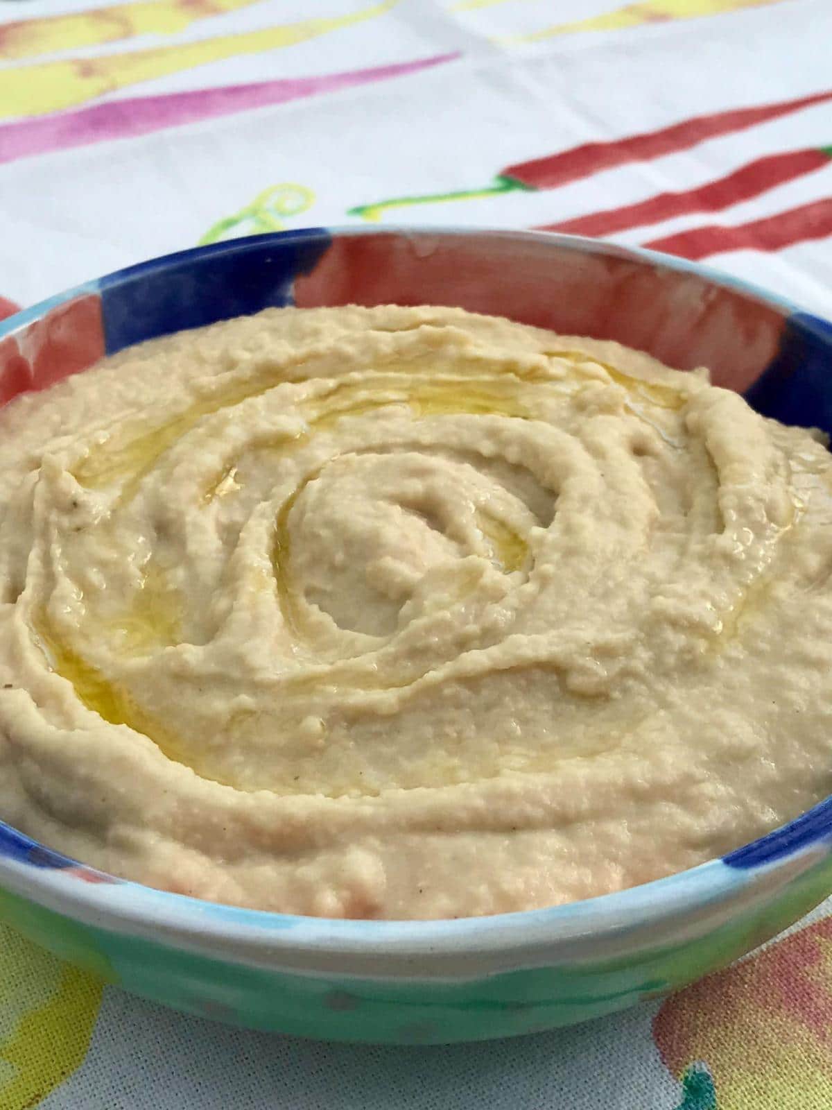 2 ingredient hummus in a colourful bowl