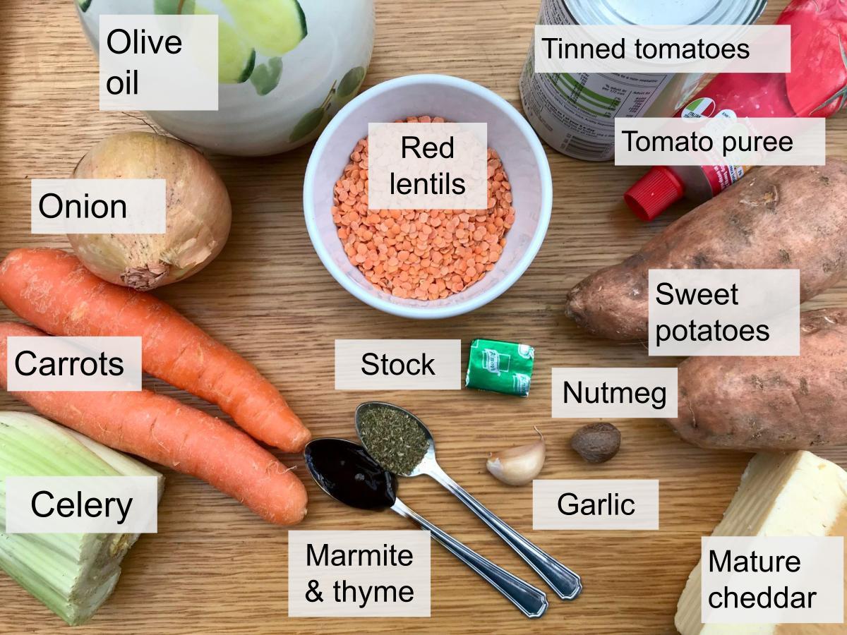 Ingredients for red lentil shepherd's pie