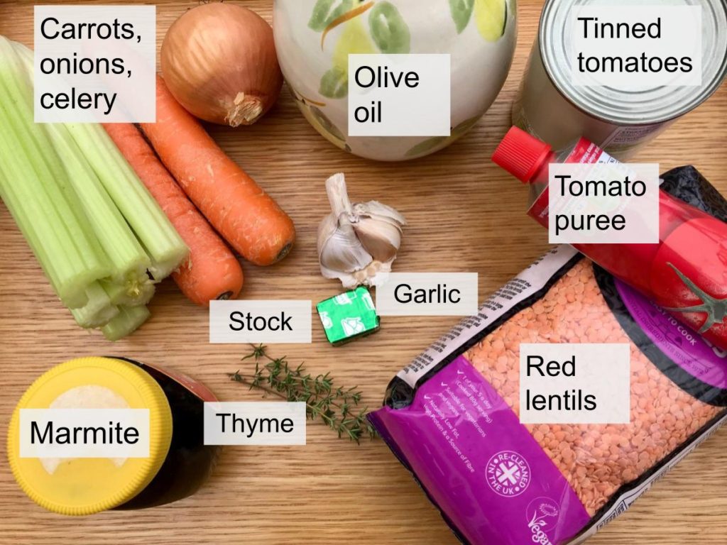 Ingredients for red lentil bolognese