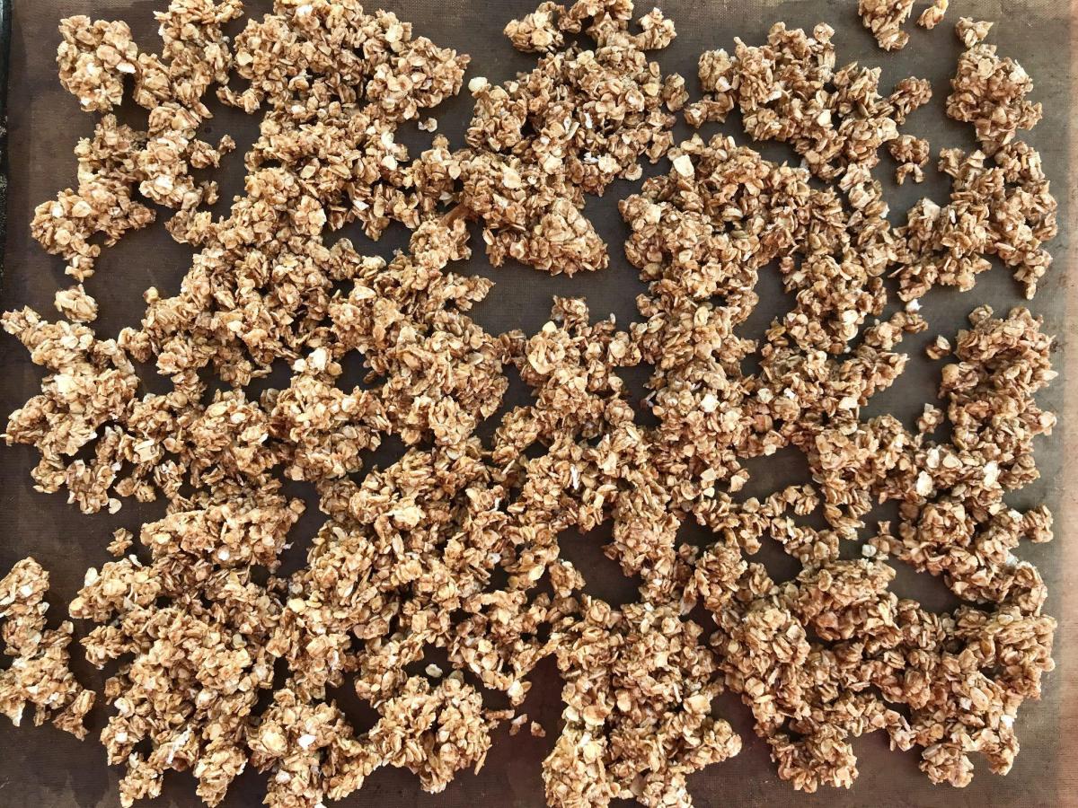 Homemade granola on baking tray