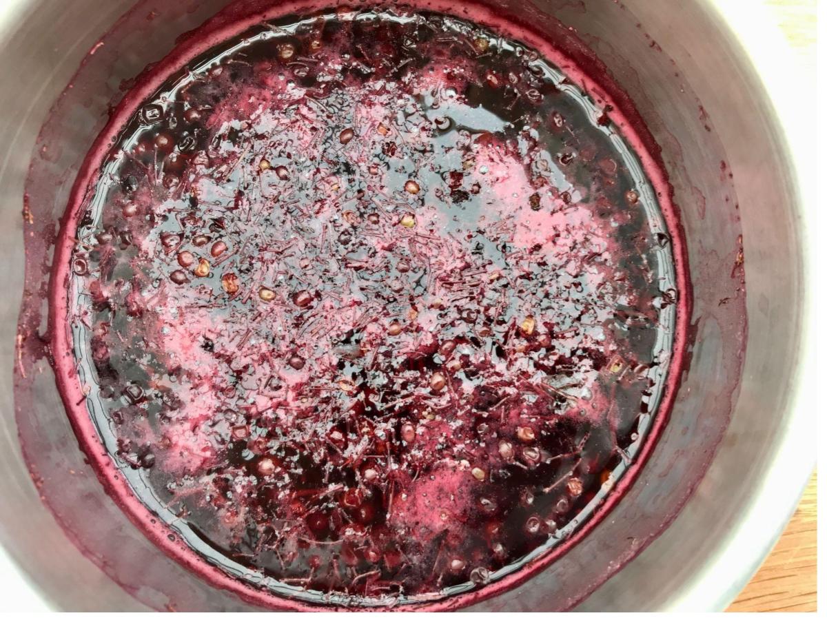 Elderberries and water in pan