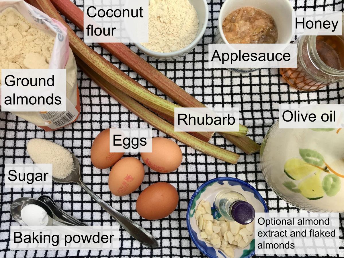 Ingredients for gluten free rhubarb cake