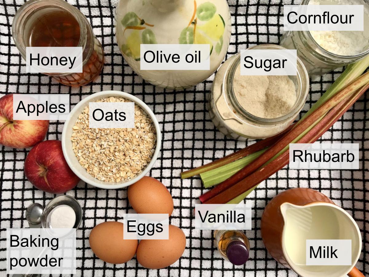 Ingredients for healthy rhubarb and custard muffins.