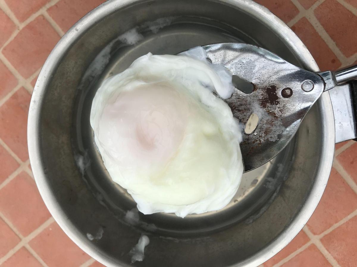 Lifting poached egg from pan