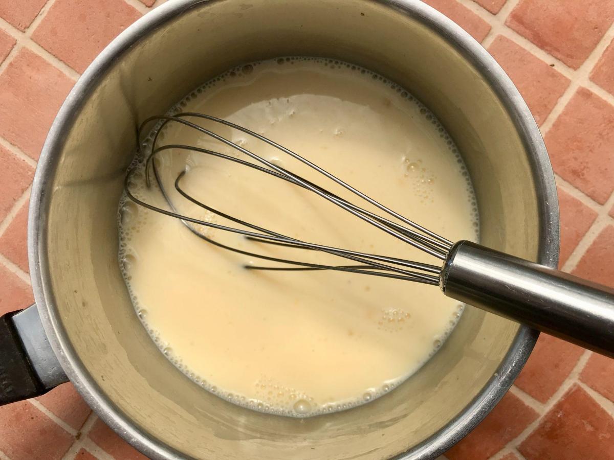 Milk, egg and cornflour in saucepan