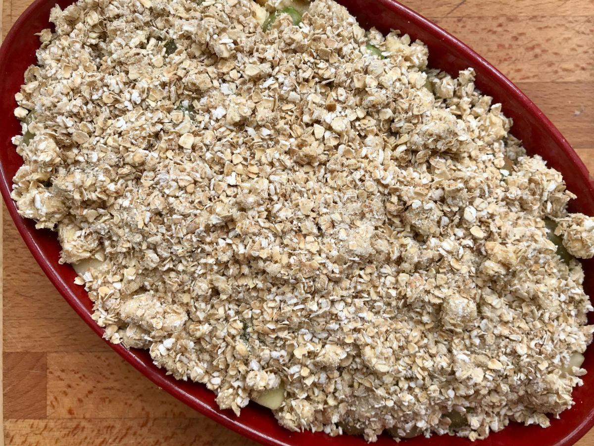 Gooseberry and apple with oat crumble topping