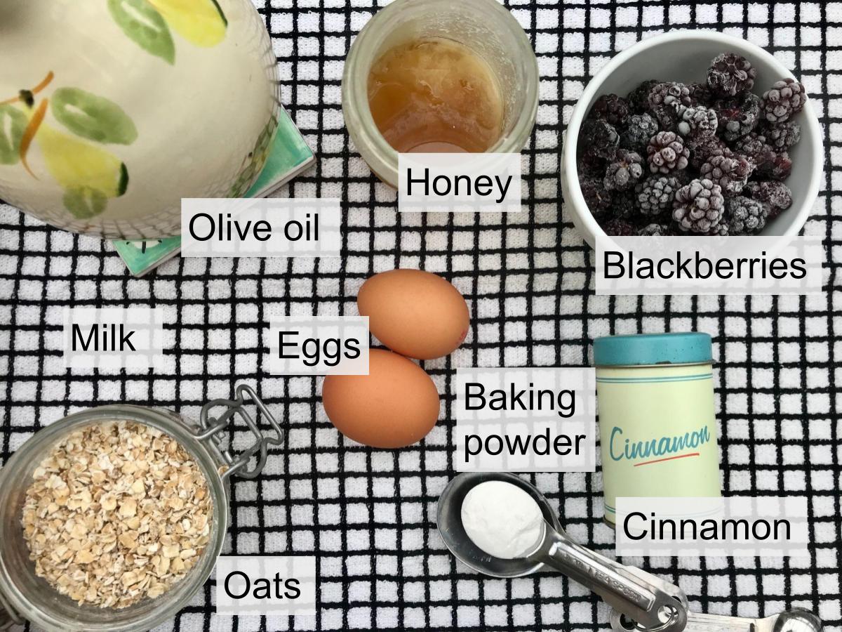 Ingredients for blackberry oatmeal muffins