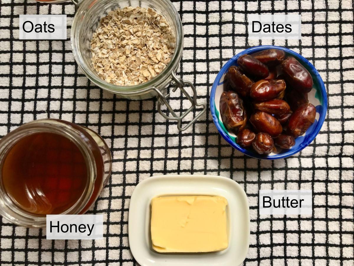Ingredients for date and oat slice