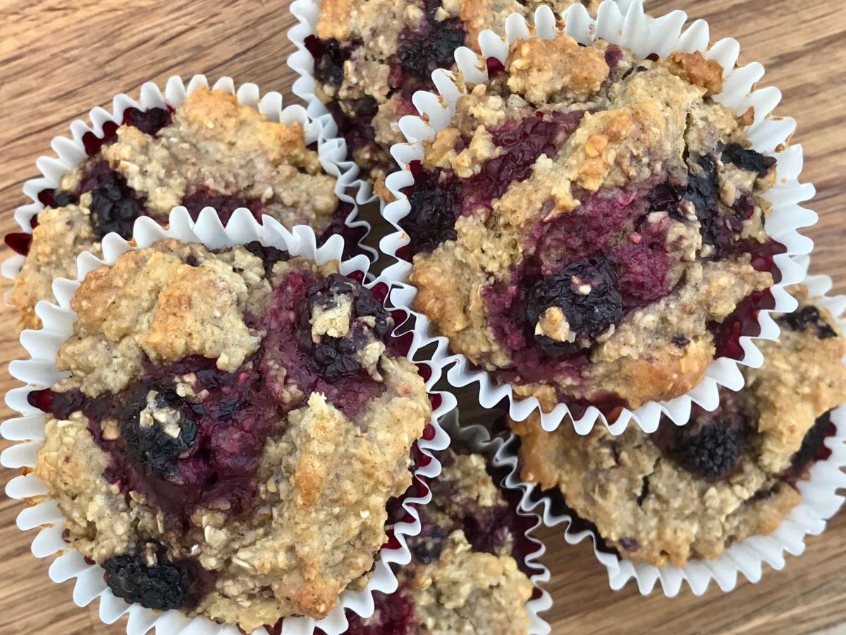 Pile of blackberry oatmeal muffins