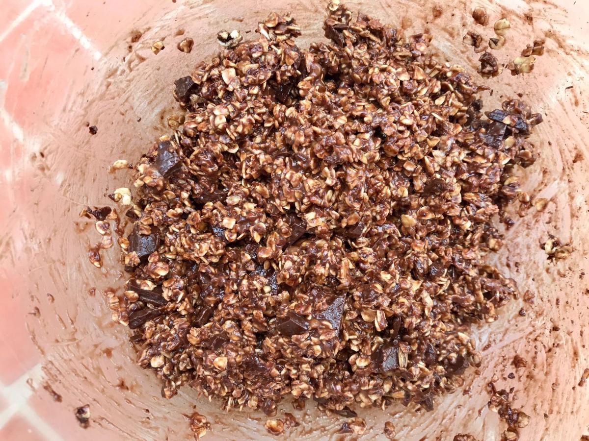 Chocolate flapjack mixture in bowl