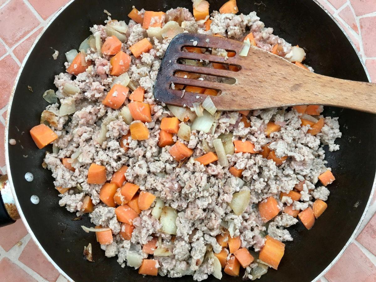 Turkey carrot and onion in pan