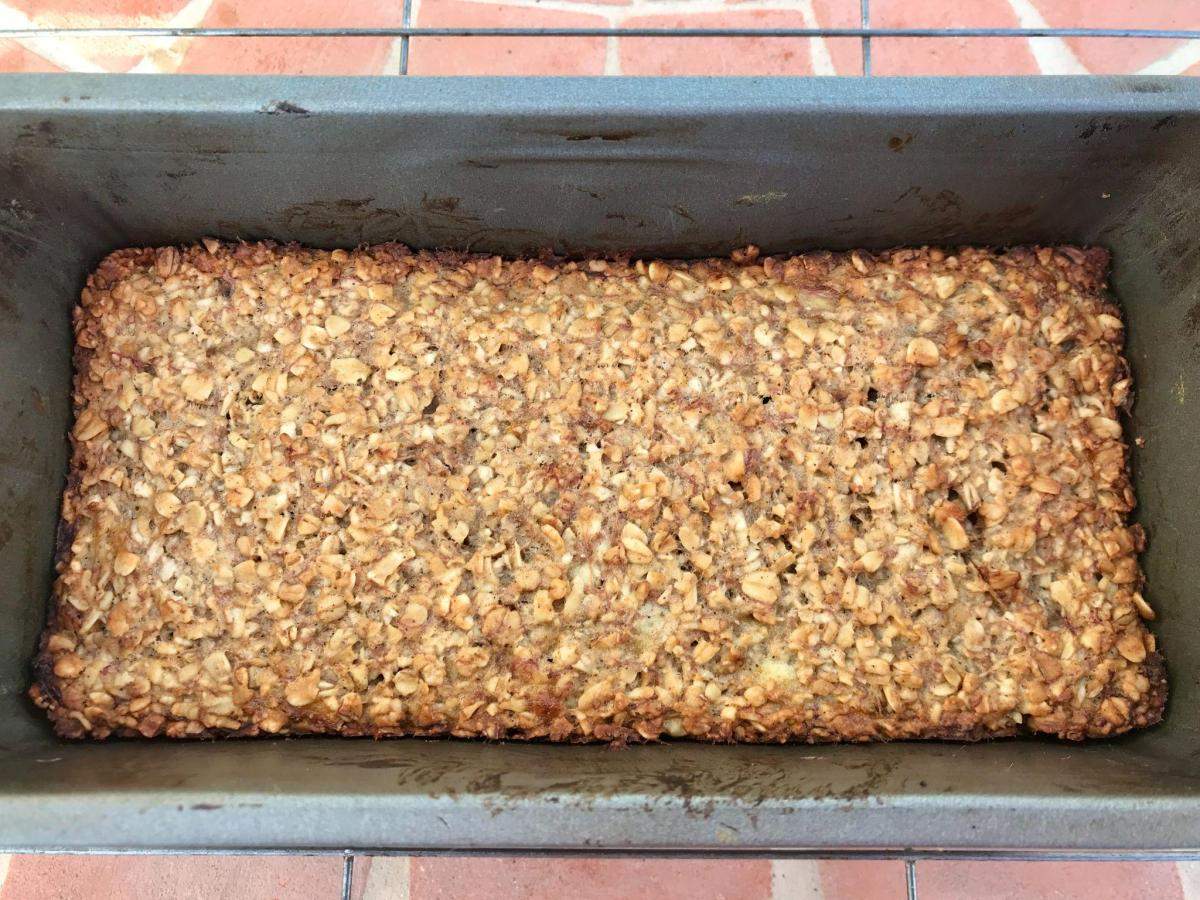 Baked apple flapjack in tin.
