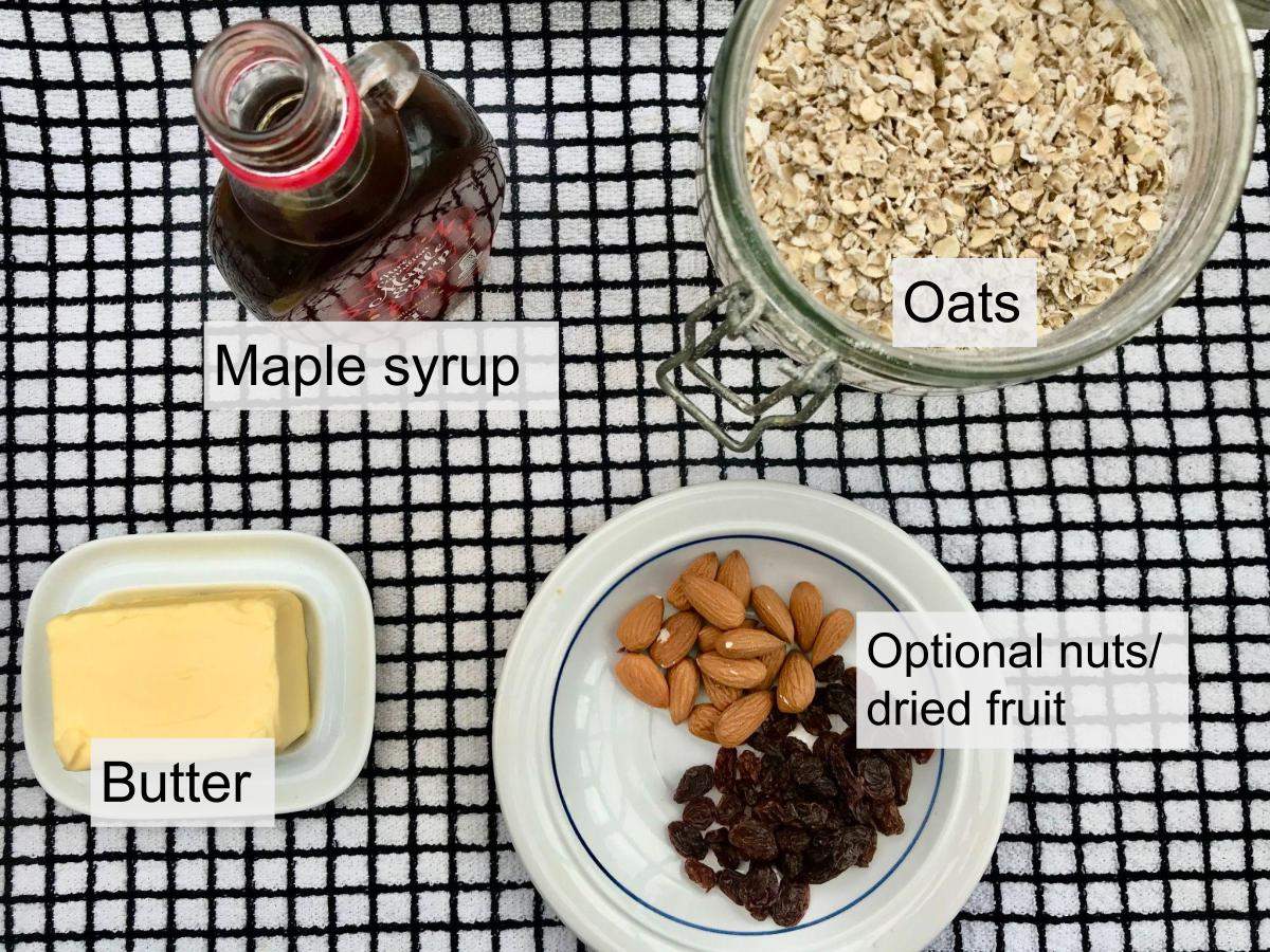 Ingredients for maple flapjacks, oats, butter, maple syrup, optional nuts.