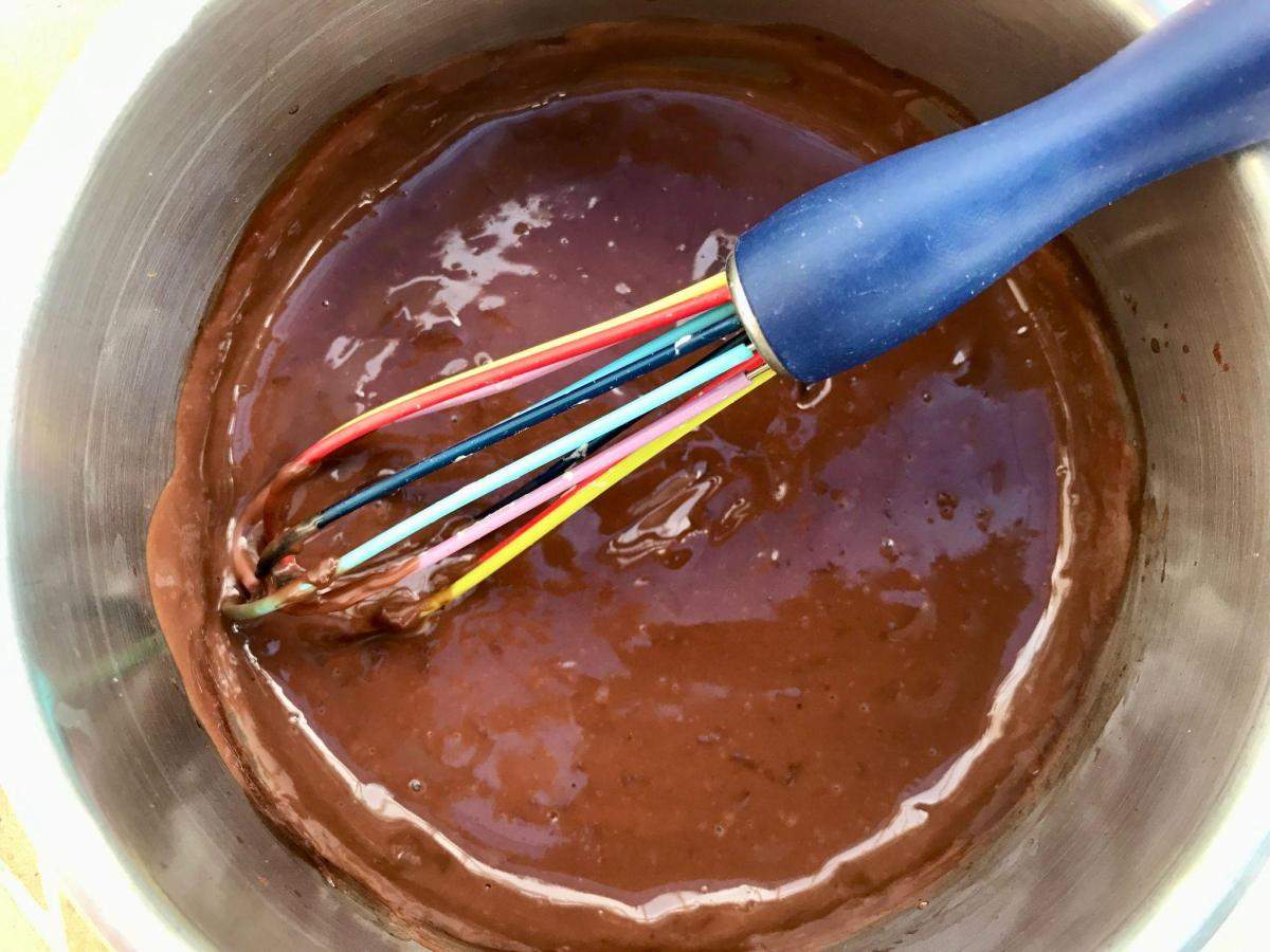 Healthy chocolate sauce in pan with whisk.