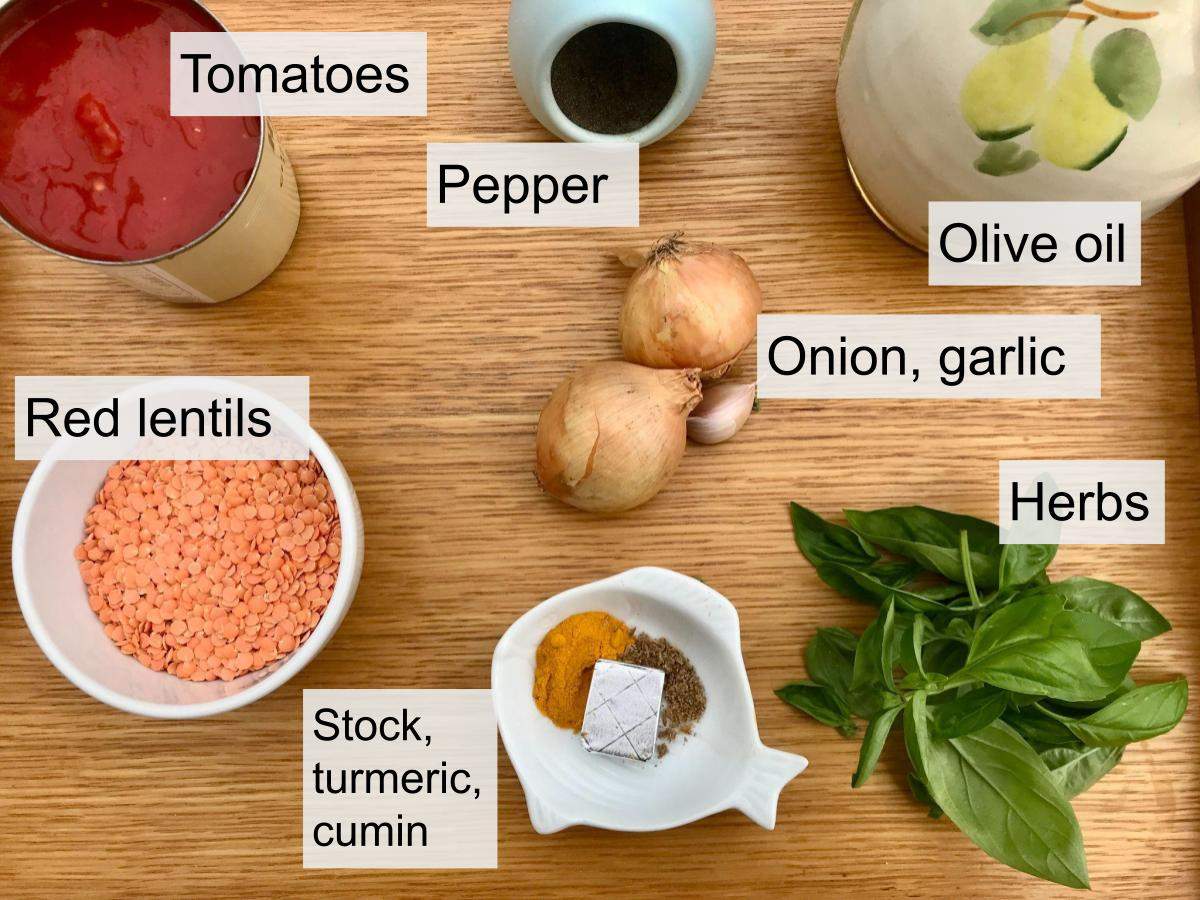 Ingredients for tomato and red lentil soup.