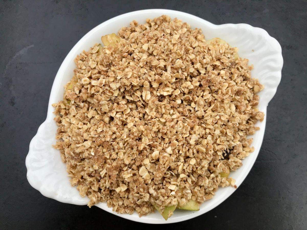 Uncooked dairy free apple crumble.
