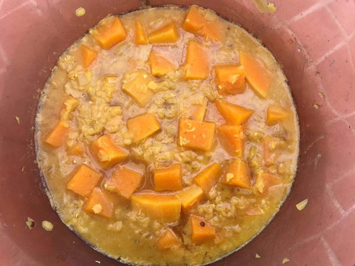 Cooked red lentil and butternut squash.