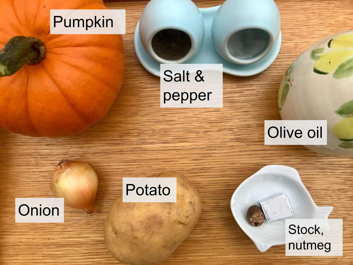 Pumpkin, potato, onion, nutmeg, olive oil, seasoning and stock.