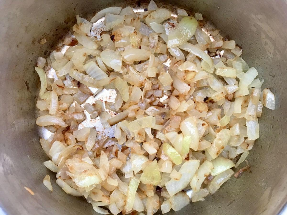 Browned onions in pan.