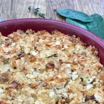 Gluten free sage and onion stuffing in red dish