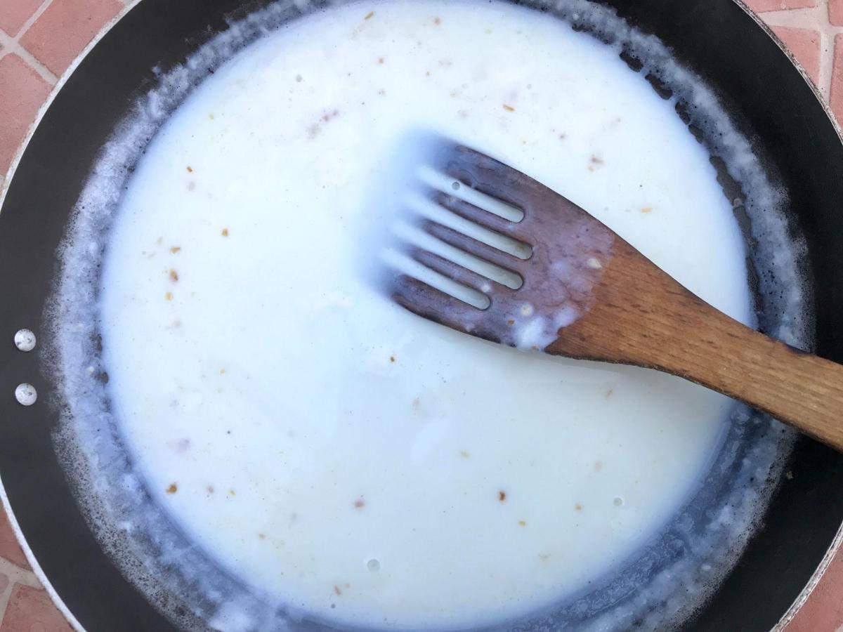 Low fat cream sauce in pan.