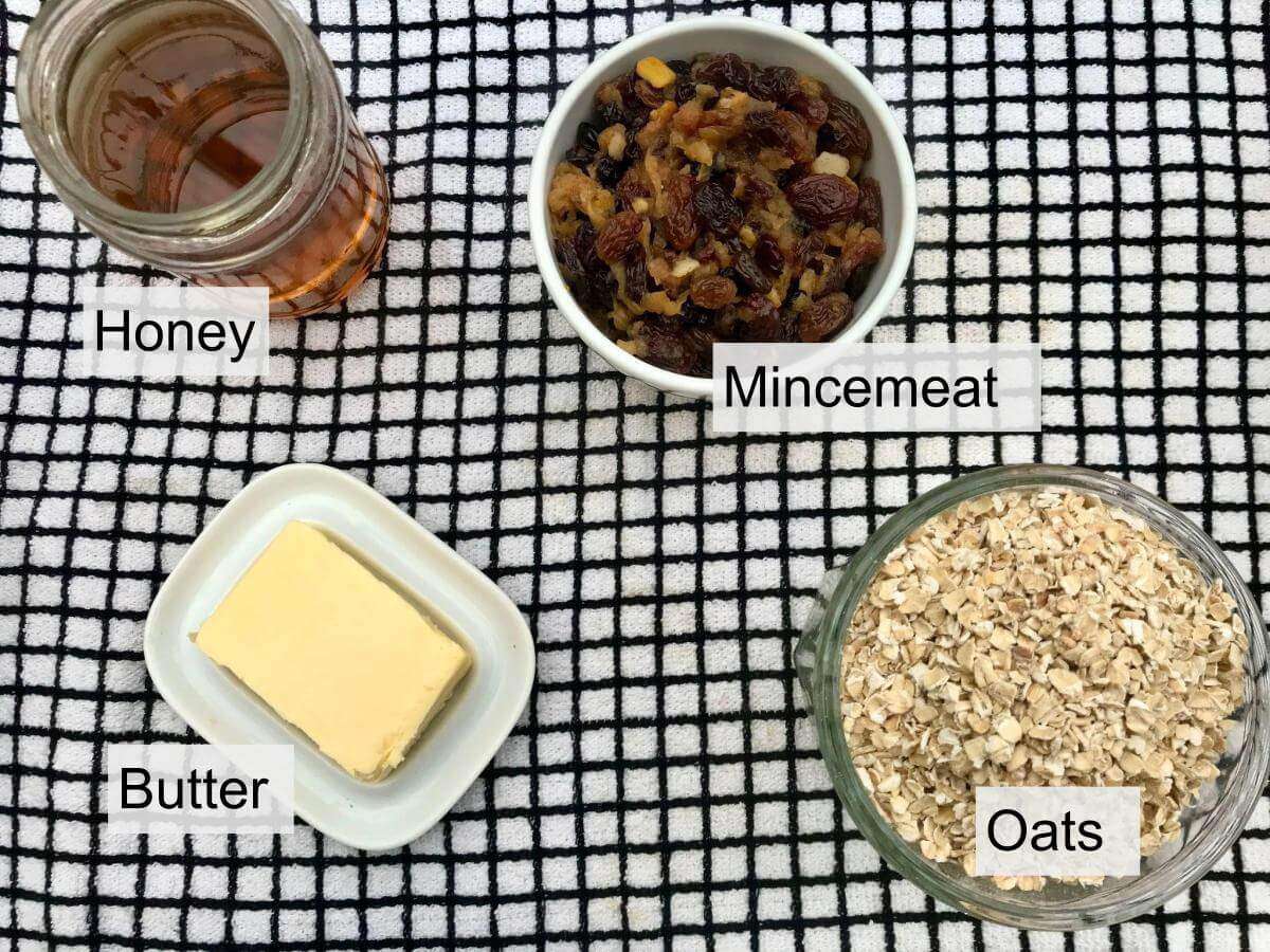 Mincemeat, oats, honey, butter.
