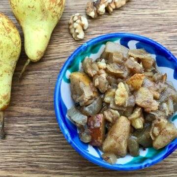 Pear and walnut chutney in blue bowl