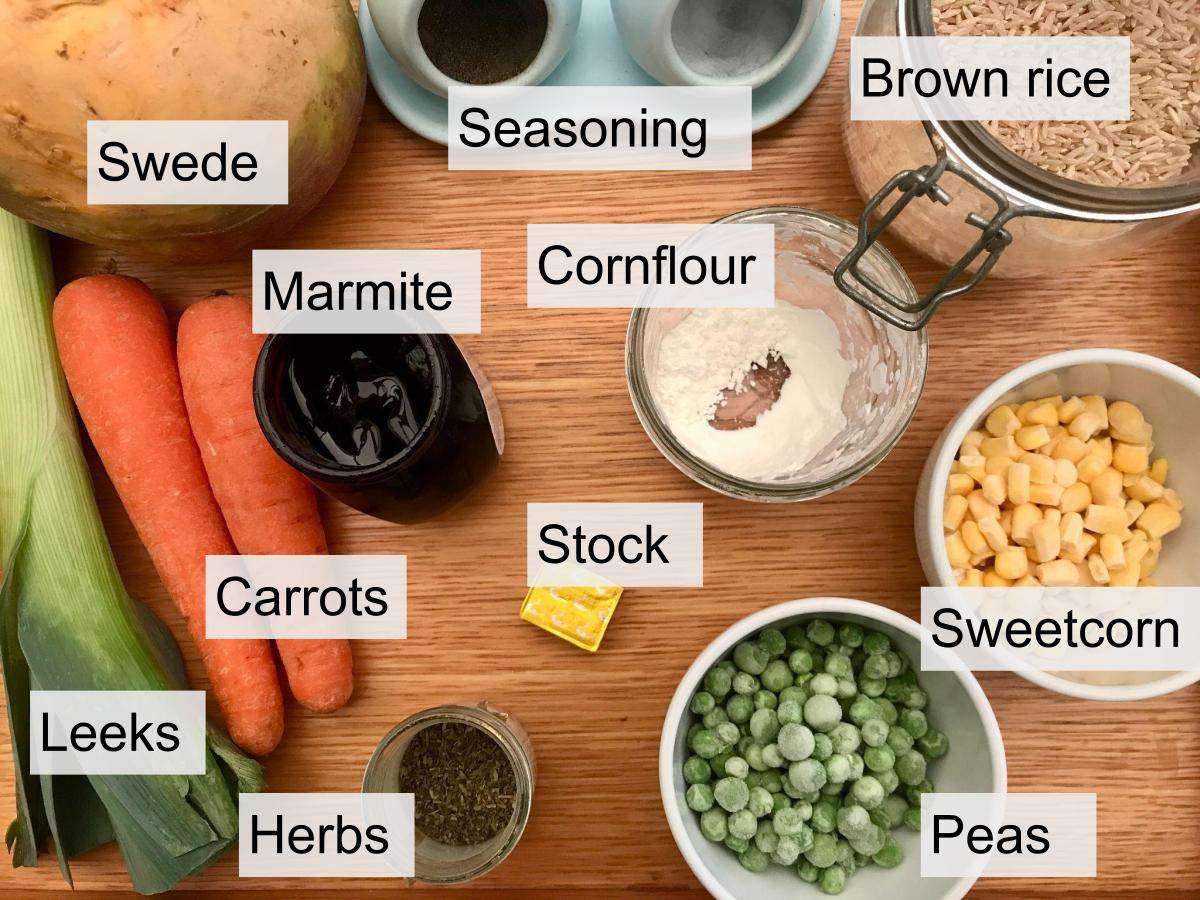 Ingredients for chunky vegetable soup.