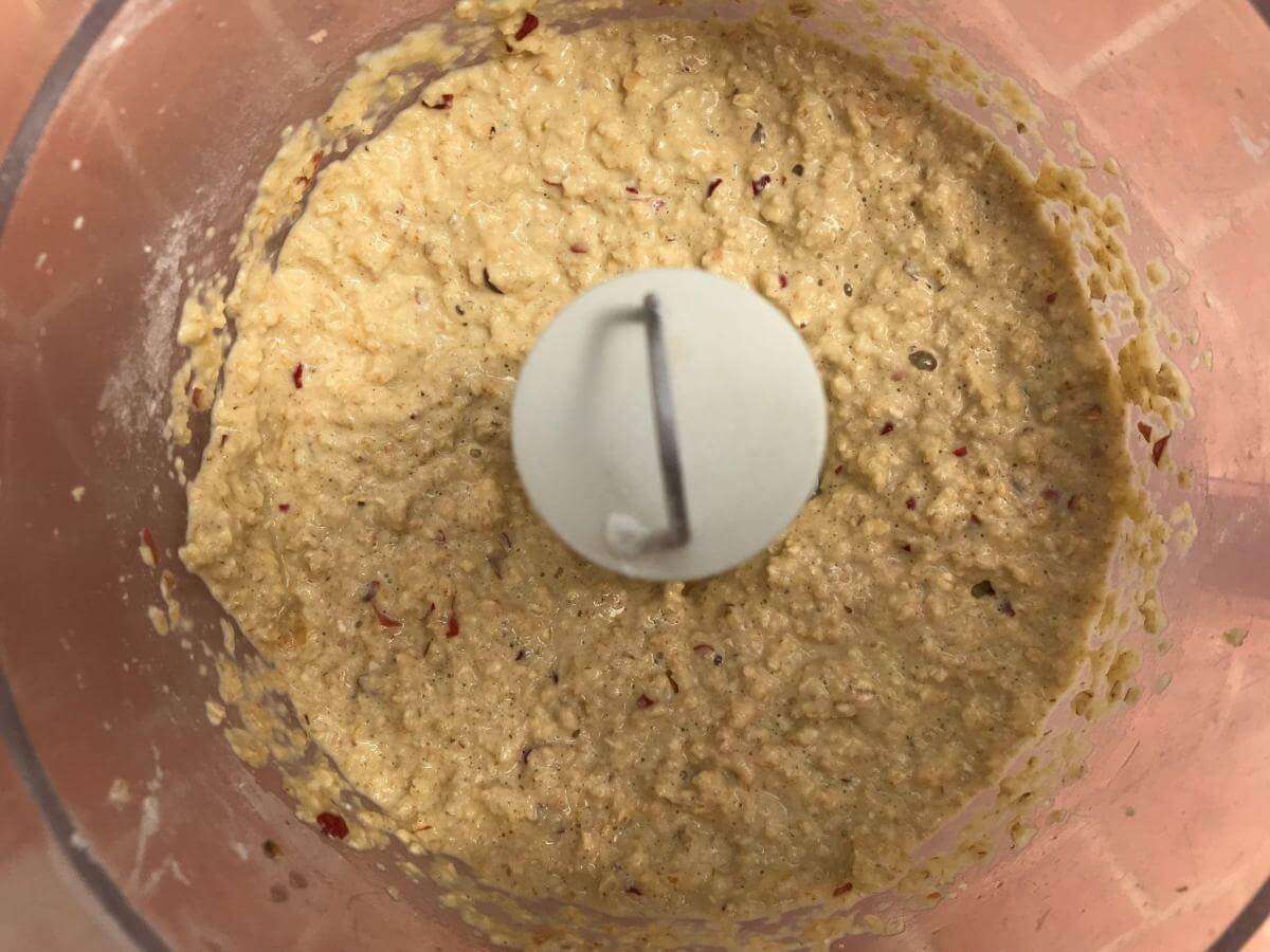 Mixture for healthy apple muffins in food processor. 
