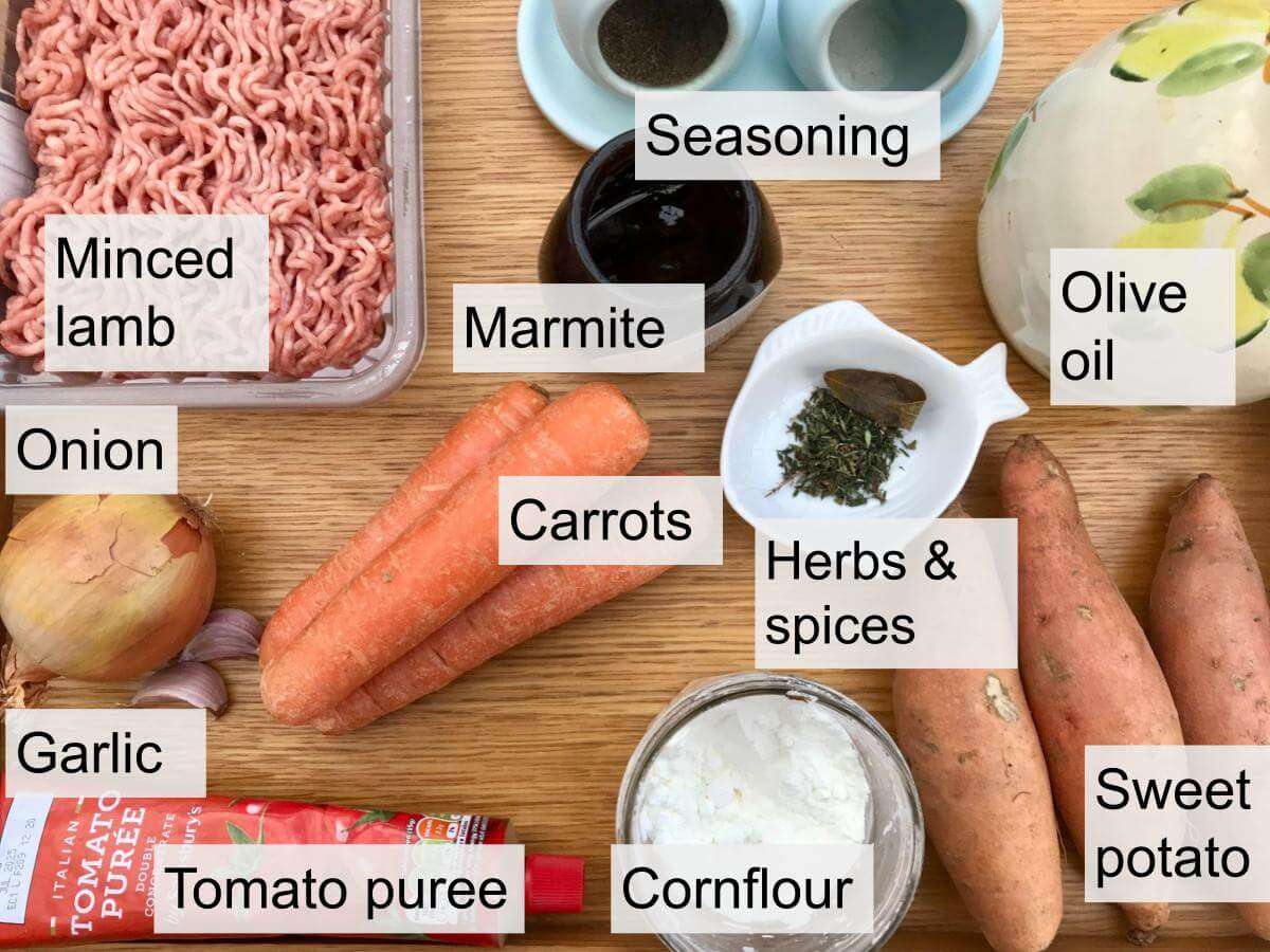 Ingredients for lamb mince stew.