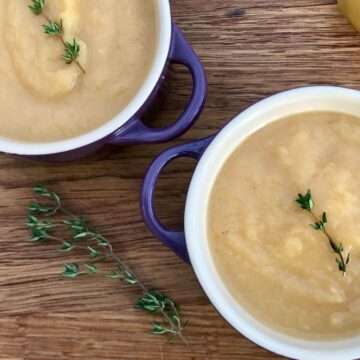 Parsnip and swede soup in bowls.