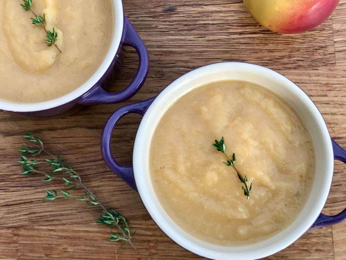 Parsnip and swede soup in bowls.