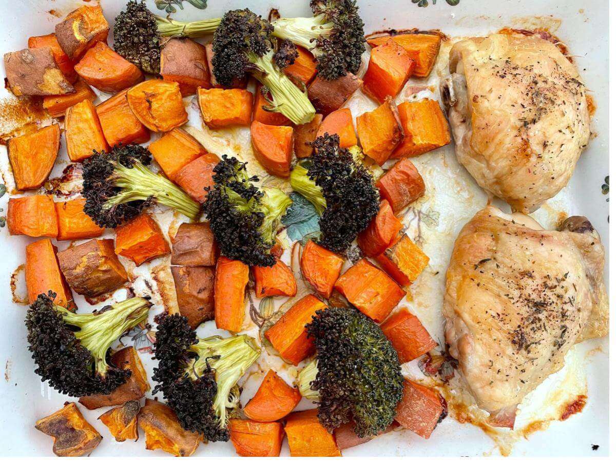 Cooked sheet pan chicken and veg.