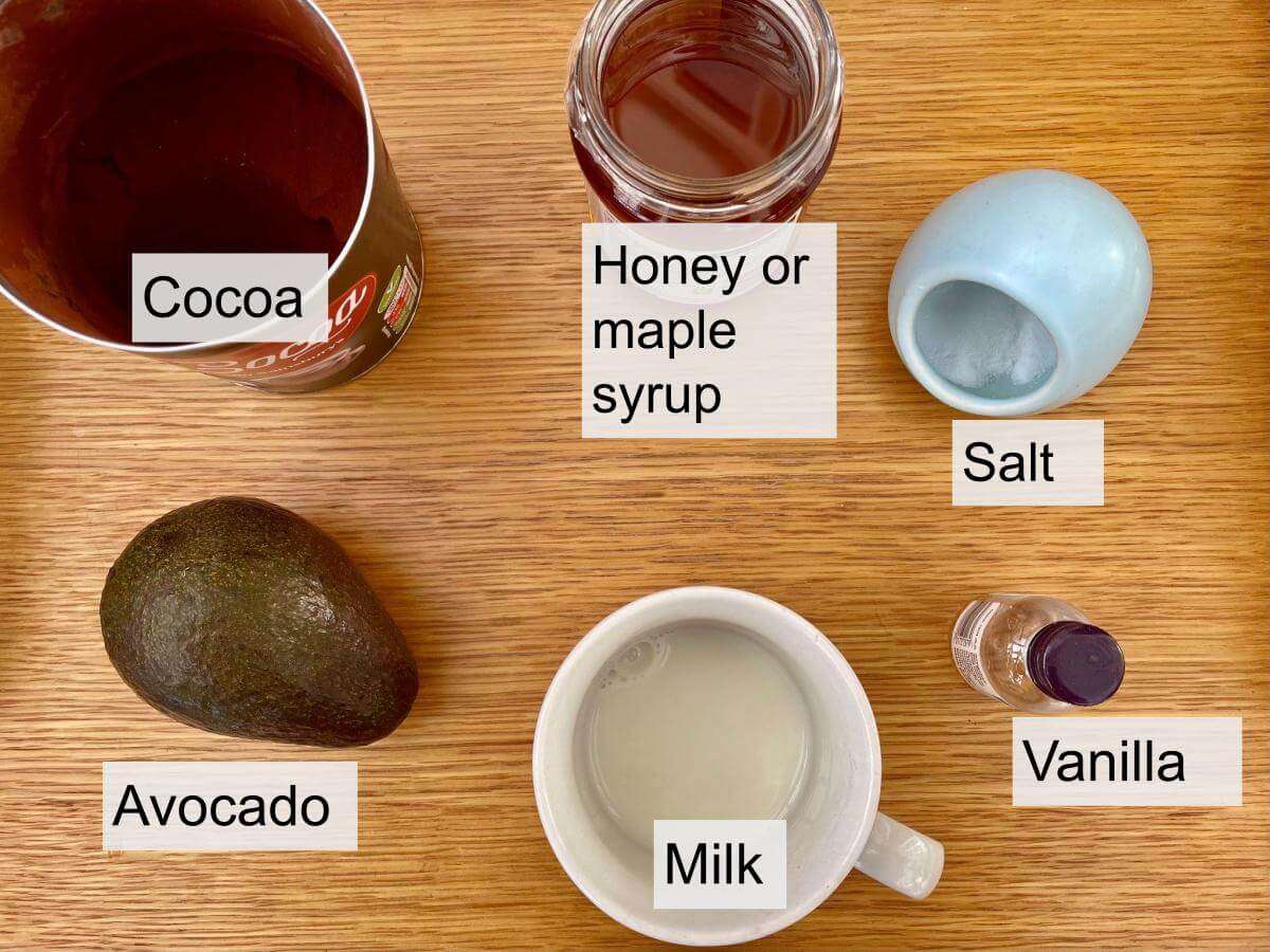 Avocado, cocoa, maple syrup, salt, vanilla and milk.