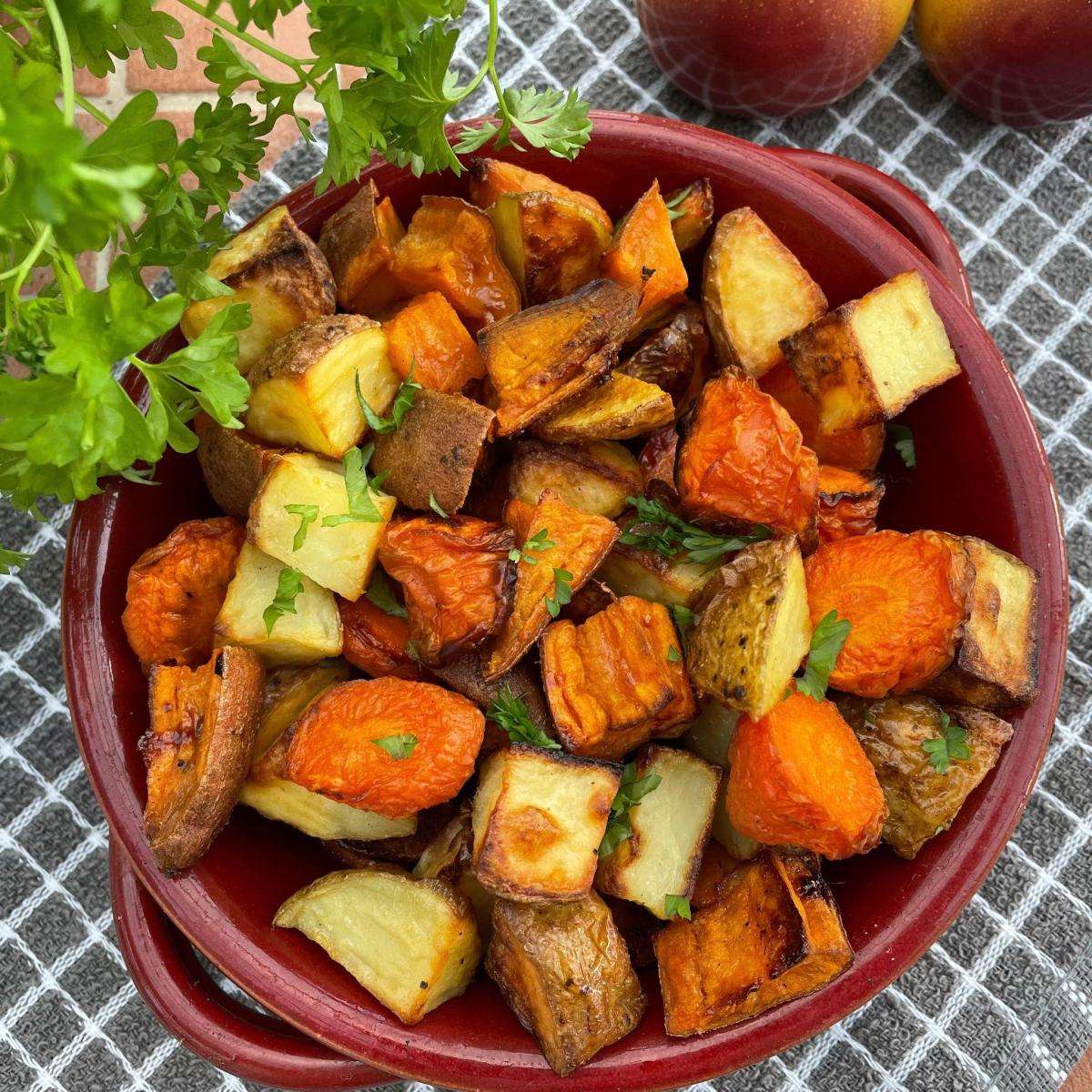 Roasted potatoes sweet potatoes and carrots - Cinnamon and Kale