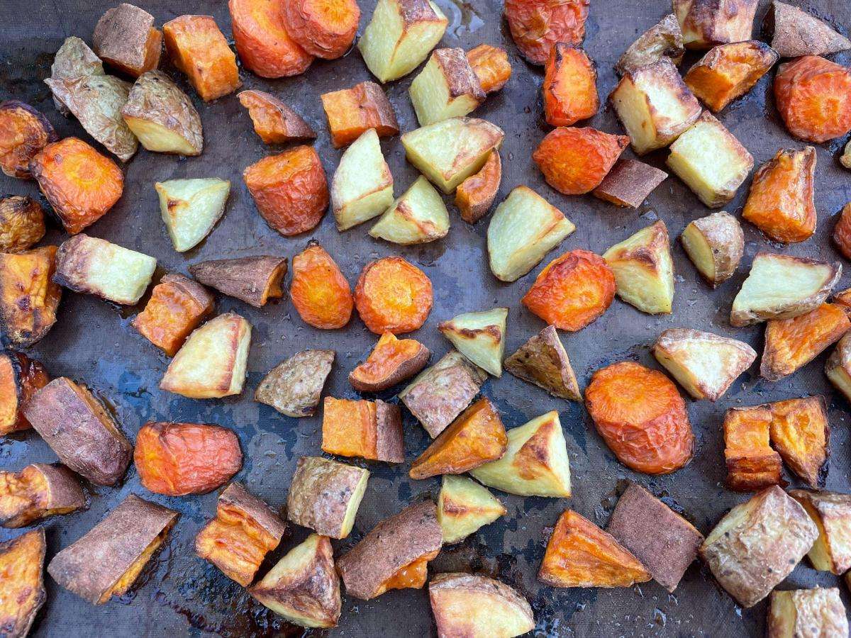 Tray of roasted root veg.
