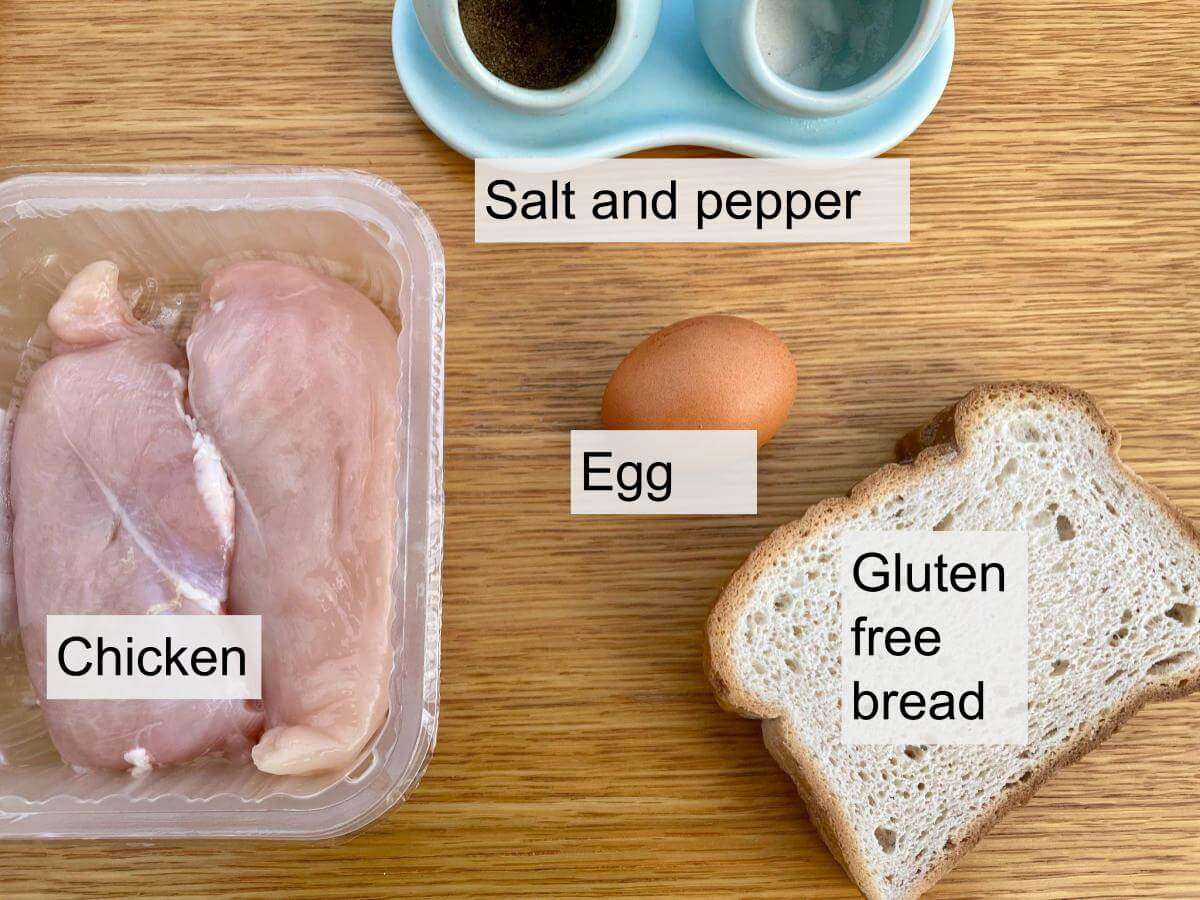 Chicken, GF bread, egg, salt and pepper.