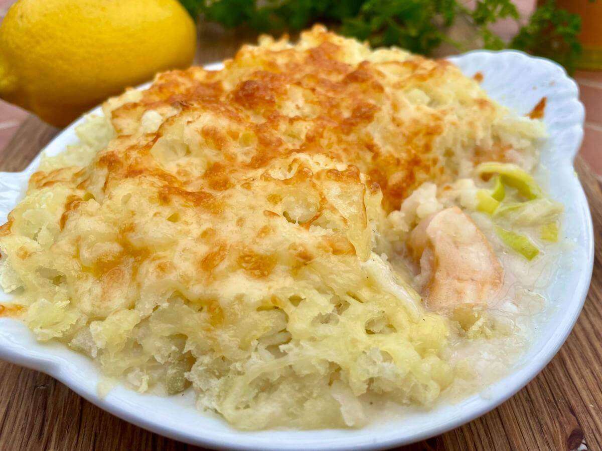Low fat fish pie with lemon in background