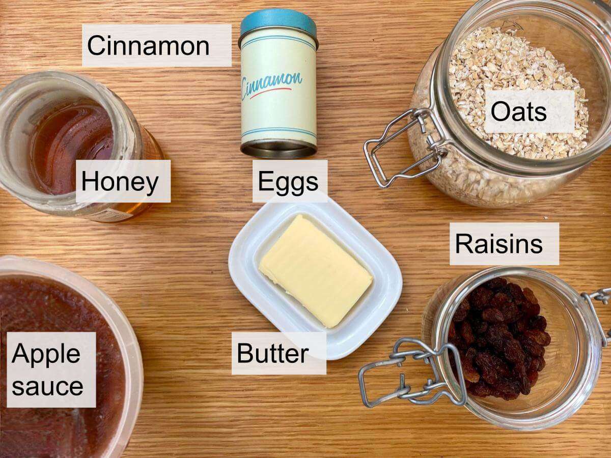Oats, raisins, butter, applesauce, honey, cinnamon.