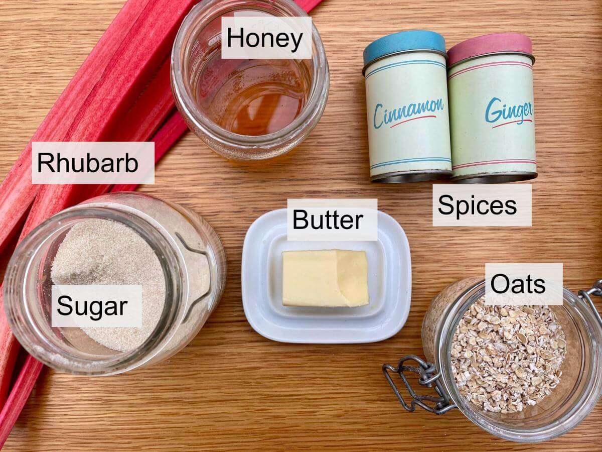Rhubarb, honey, cinnamon, ginger, oats, butter, sugar.