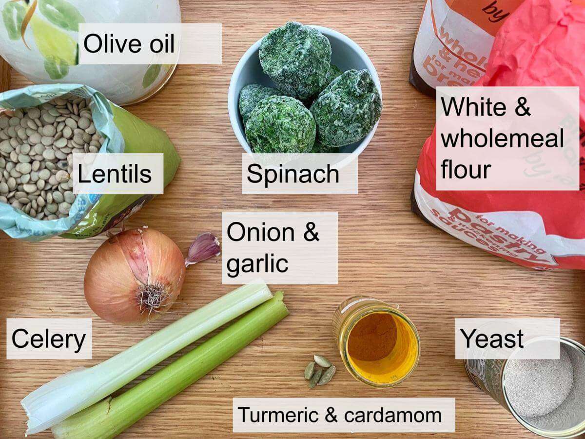 Spinach and lentil pie ingredients.
