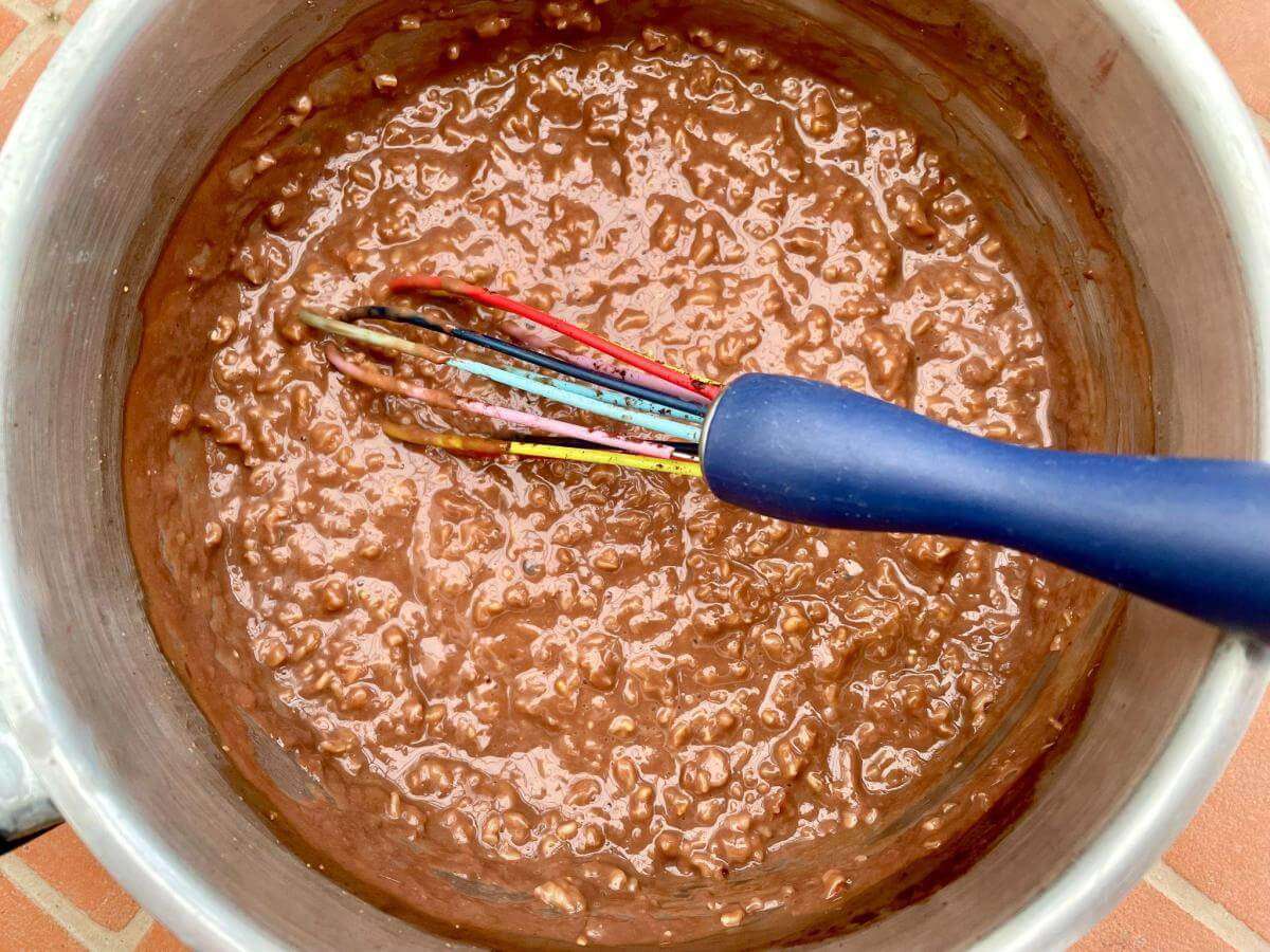 Chocolate oatmeal in pan.